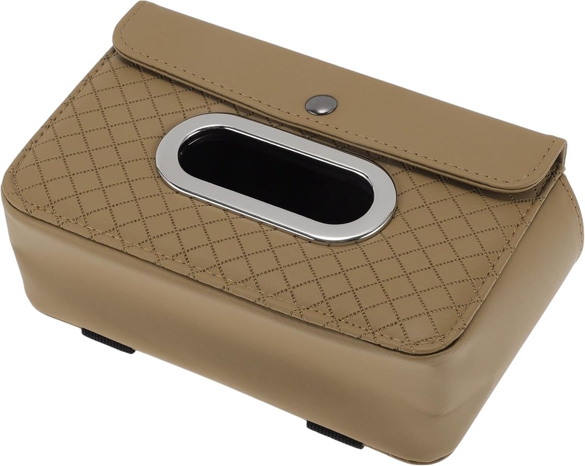 Tissuehouder auto 21x12.5x7.5cm - Beige PU - Ruitpatroon - Ruimtebesparend en stijlvol - ShopVlot