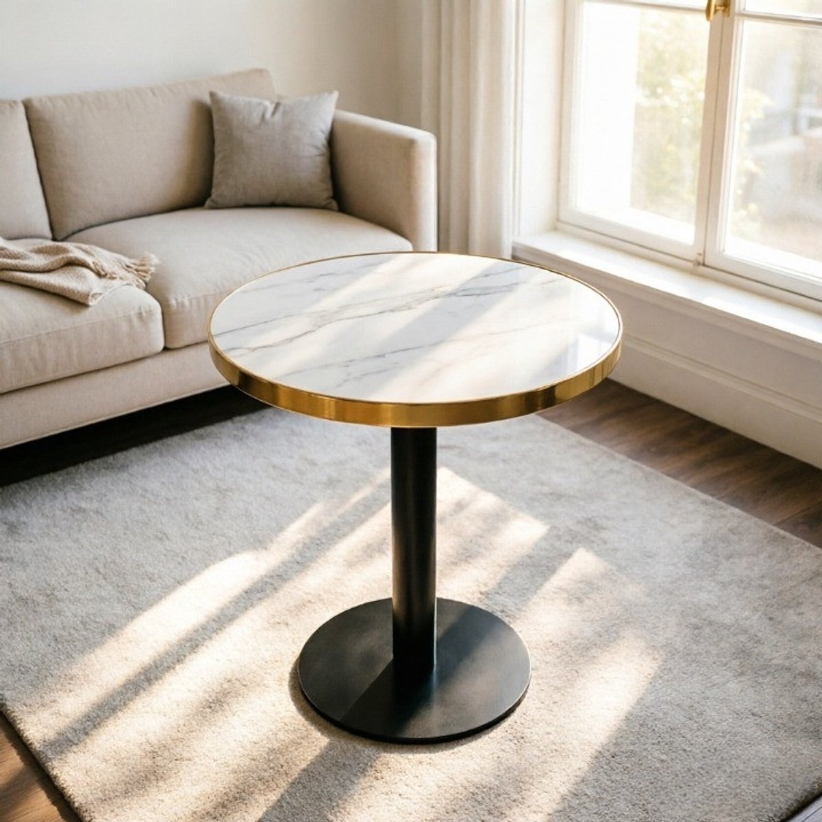 MODFU Bijzettafel-Ronde Vorm-Marmerlook-Modern-Woonkamer-MDF-Wit-60 Cm