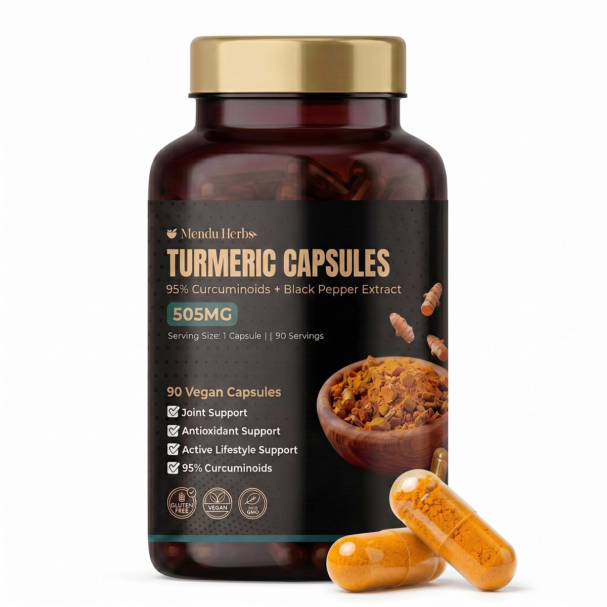 Mendu Herbs Kurkuma Capsules Met Zwarte Peper 500mg 95% Curcuminoïden | 90 Capsules