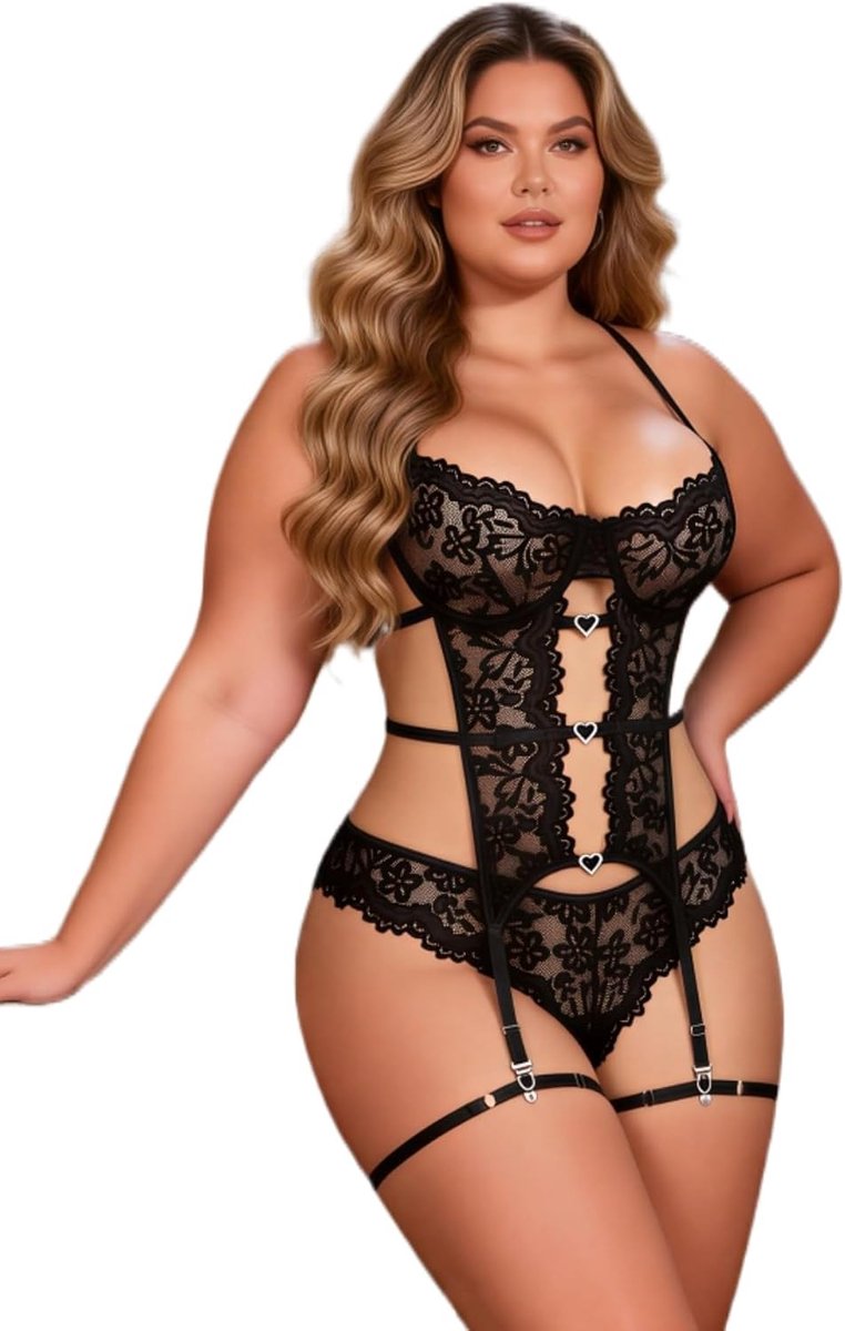 sexy lingerieset dames S-XXL - kant babydoll met jarretels - rugvrij ondergoed met hartgesp - ShopVlot