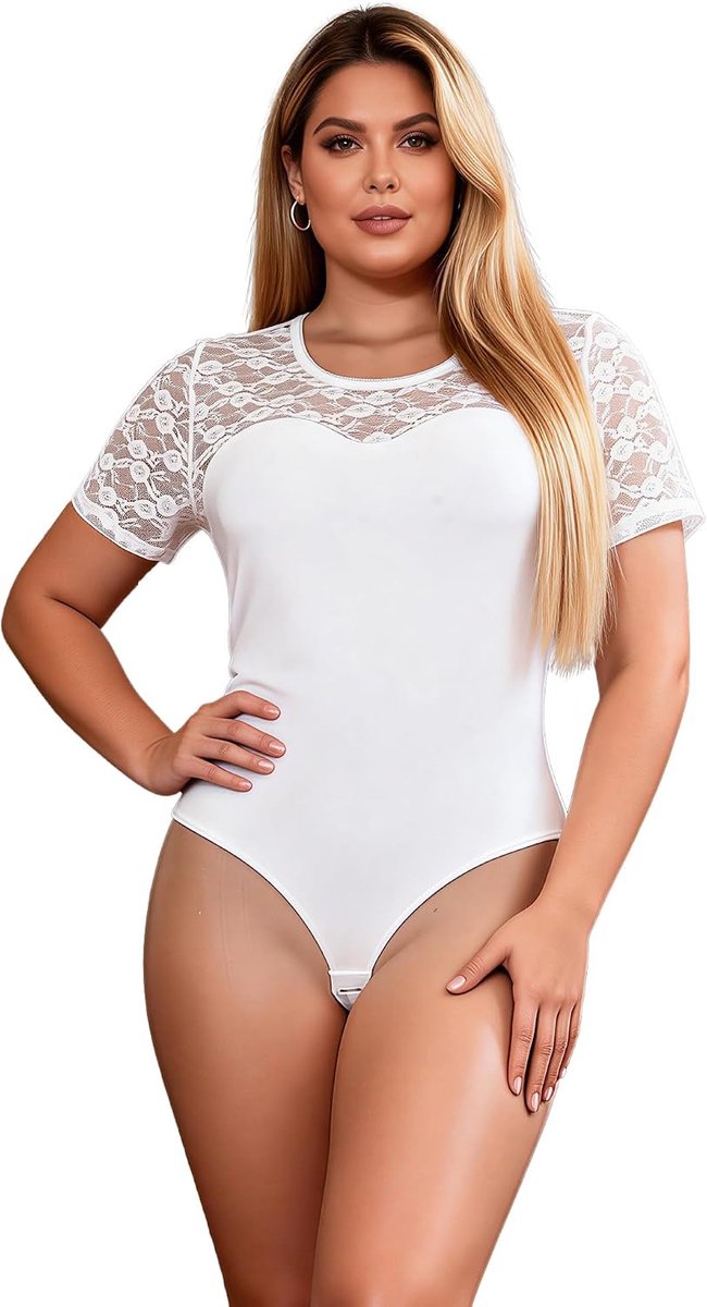 Bodysuit dames kort mouw - elegante sexy outfit - kant en mesh - ideaal voor curvy vrouwen - ShopVlot