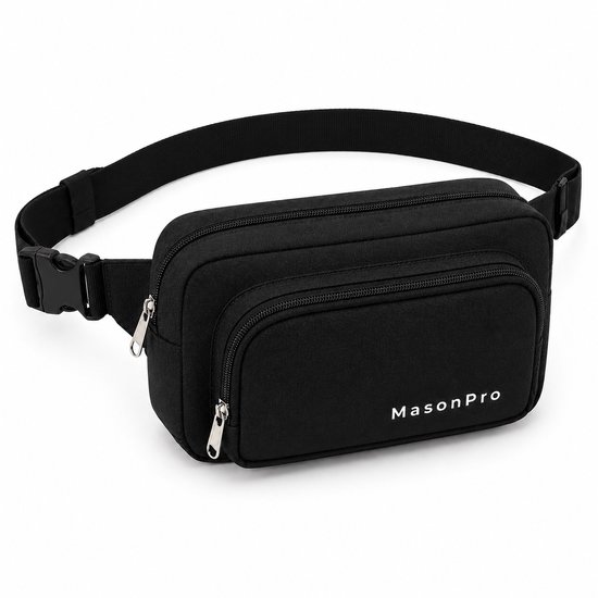 Sac banane MasonPro noir avec deux compartiments et fermetures éclair, sur fond blanc.