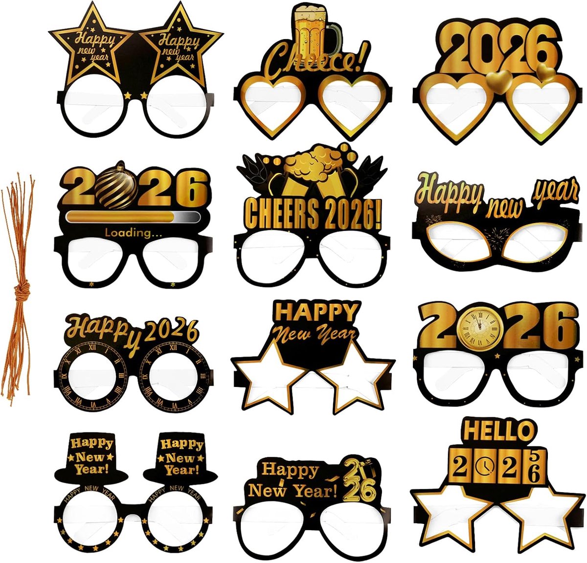 New Year glazen 2026 - 12 ontwerpen - zilver karton - grappige fotorekwisieten voor feestjes - ShopVlot
