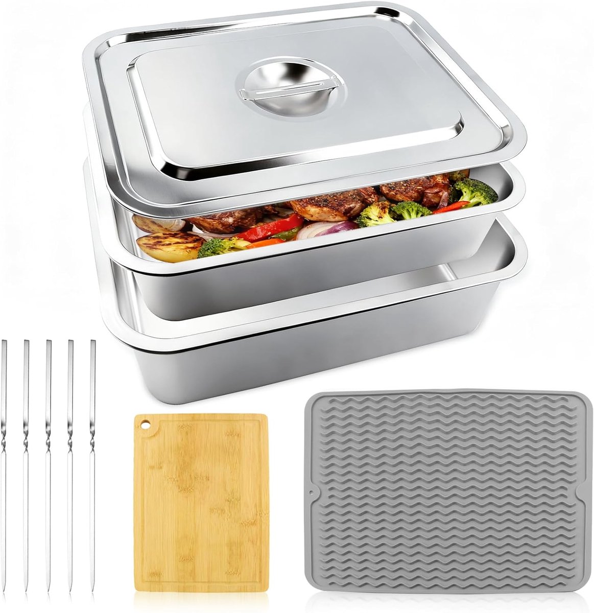 Grill dienbladen set - roestvrij staal - marineren en serveren - ideaal voor BBQ - ShopVlot