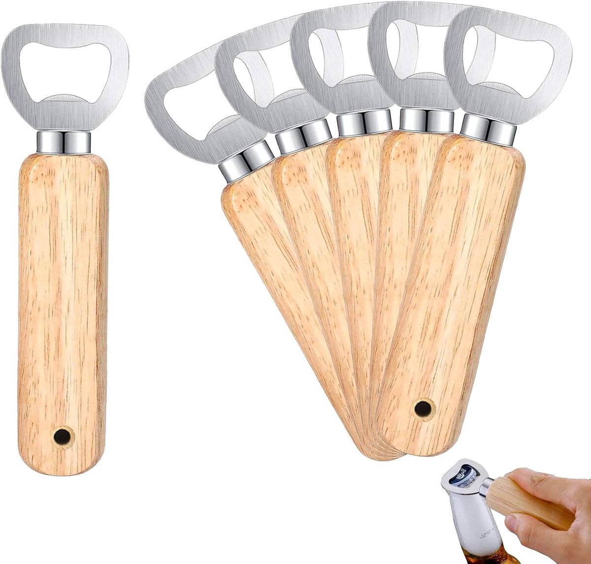 Flessenopener met houten handvat - roestvrij staal - ergonomisch ontwerp - ideaal voor feestjes - ShopVlot