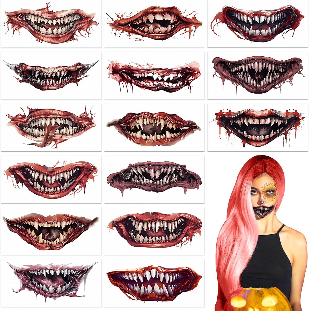 Halloween tatoeages doodskop - 15 vellen - griezelige make-up - waterdicht en veilig - ShopVlot