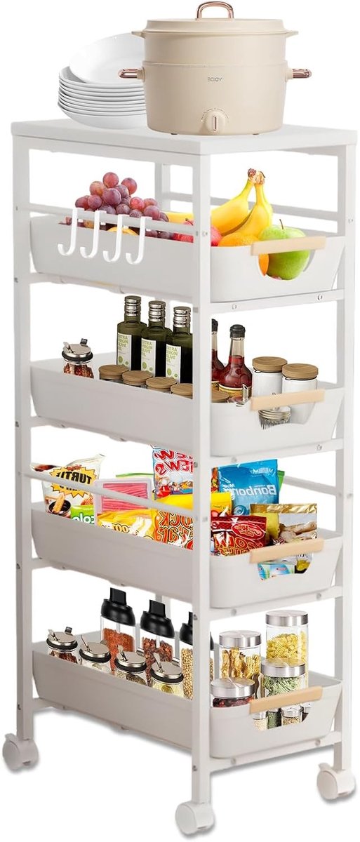 5-laagse opbergtrolley met 4 lades en houten blad, smalle keukenwagen voor kleine ruimtes, multifunctionele trolley voor badkamer en woonkamer, 2 remwielen inbegrepen