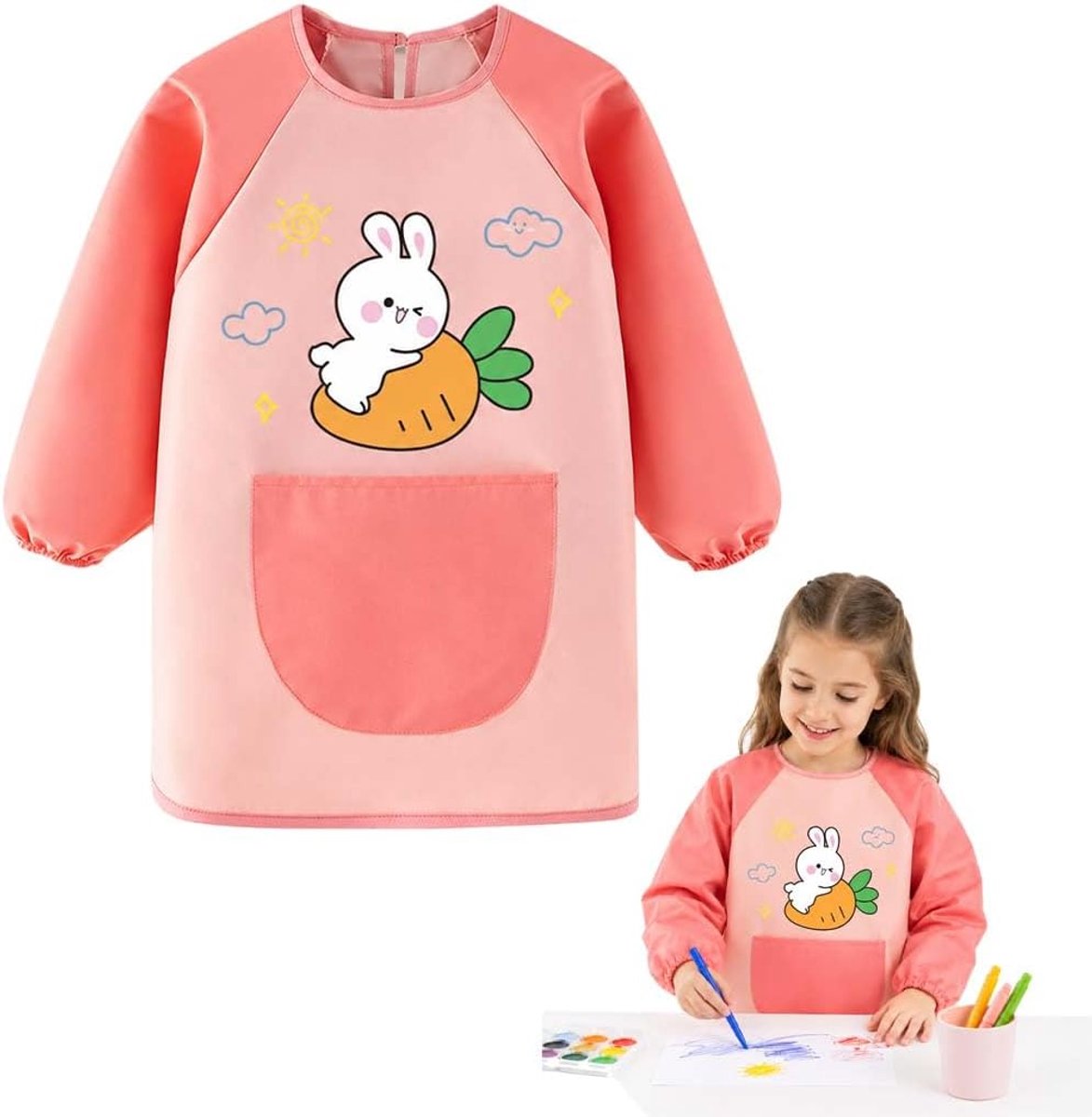 Schilderjas meisjes XXL - roze met konijnenmotief - waterdicht - ideaal voor kunst en knutselen - ShopVlot