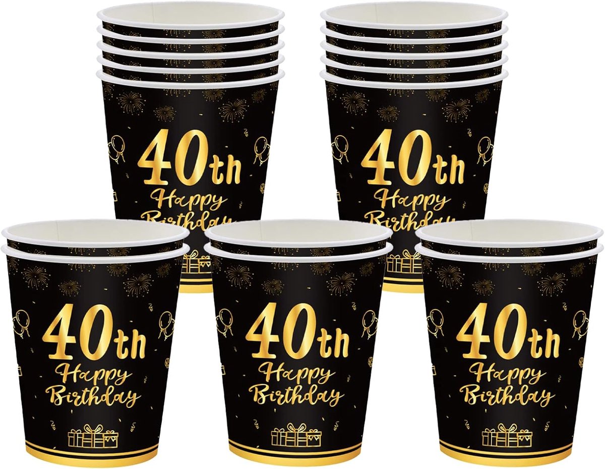 Papieren bekers 9 oz - zwart goud - 16 stuks - feestelijke verjaardag voor 40 jaar - ShopVlot