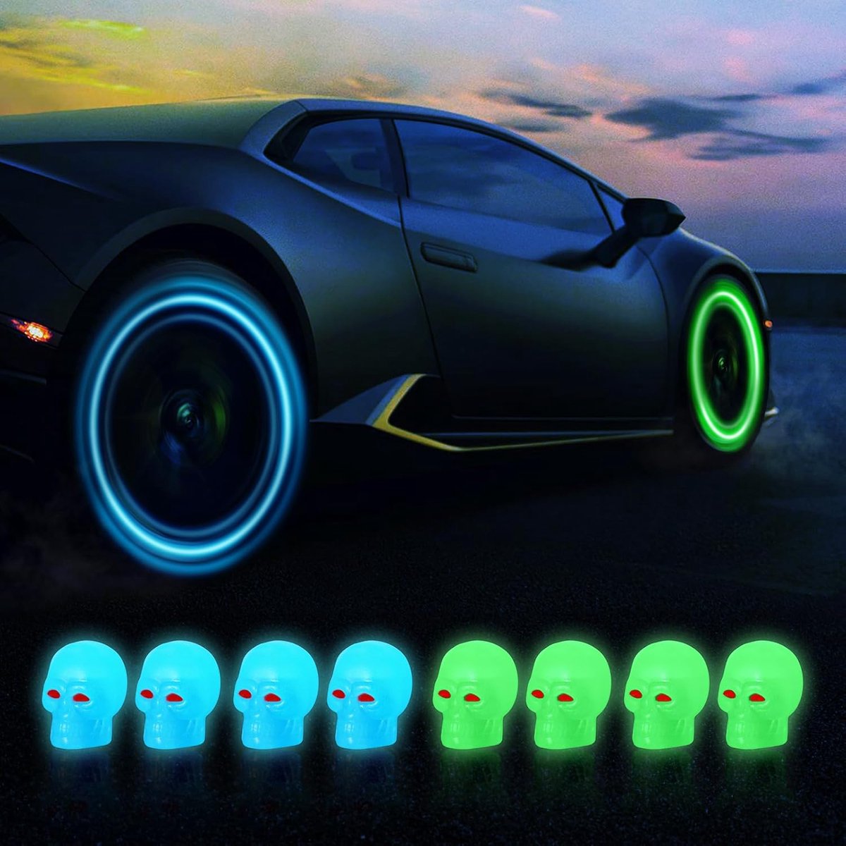 Ventieldoppen Skulls - Fluorescerend ontwerp - Set van 8 - Coole uitstraling voor auto en motor - ShopVlot