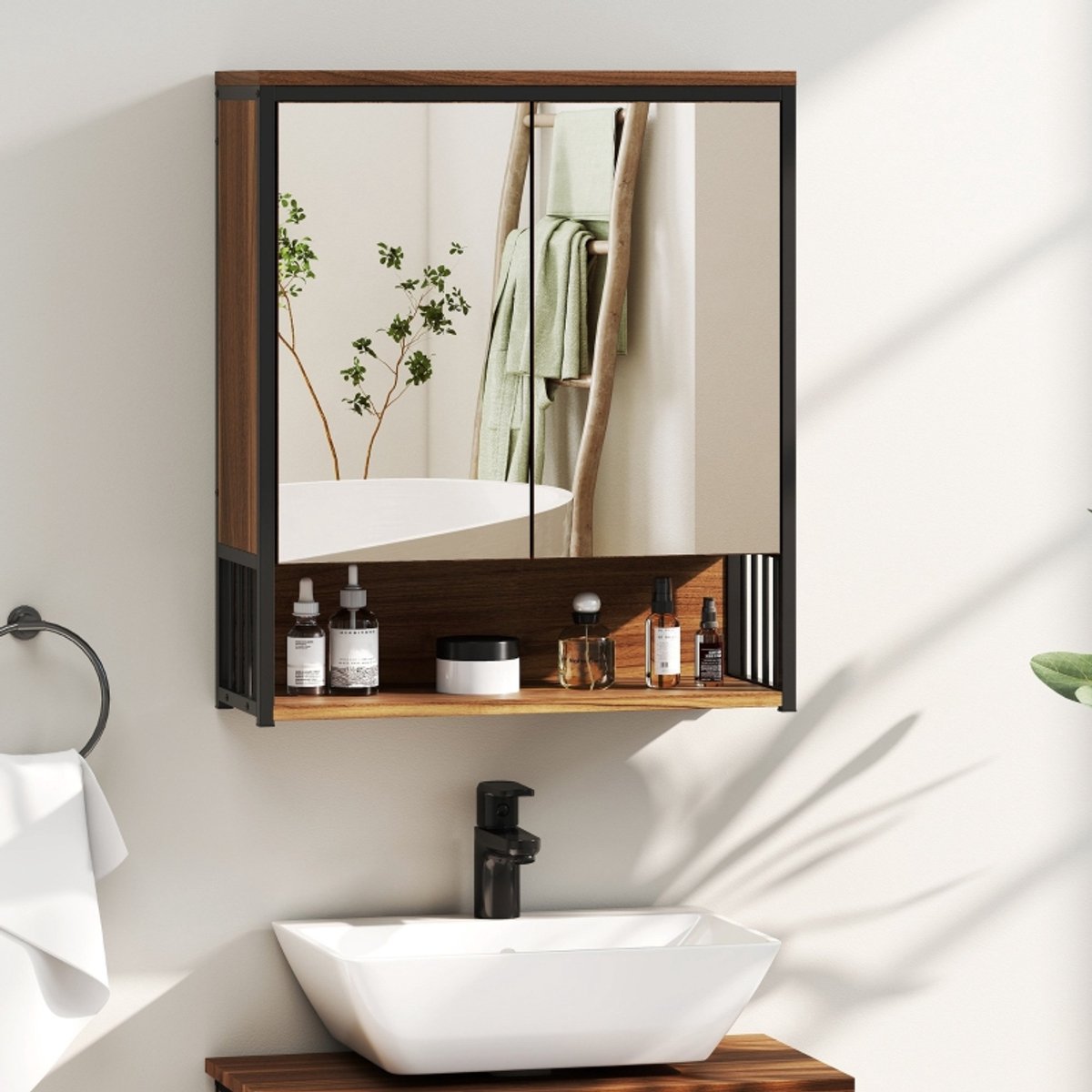 Spiegelschrank Voor Badkamer Wandmontage 56 X 20 X 65 Cm MDF Spaanplaat Bruin Met Spiegel En Open Opbergruimte