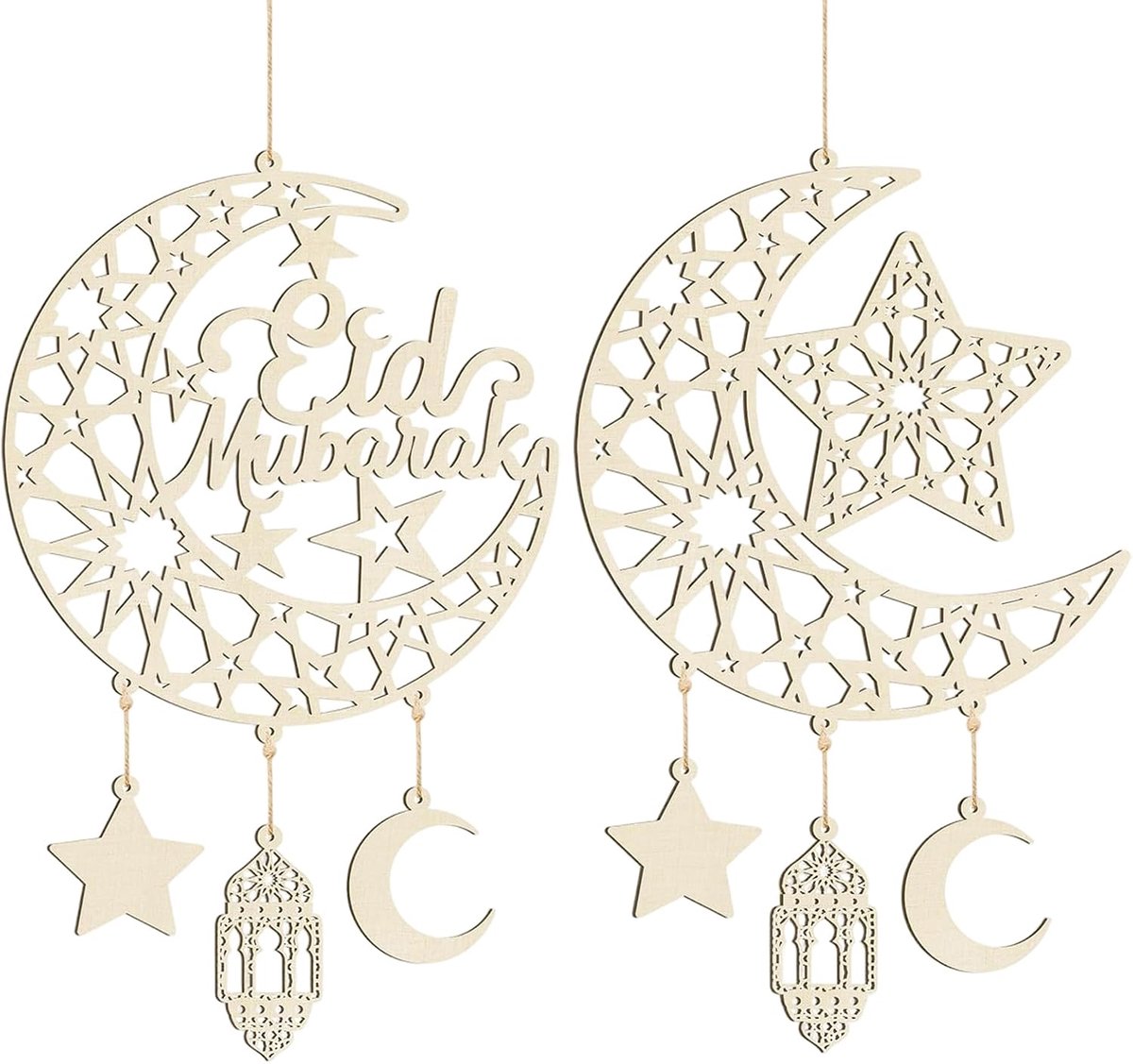 Ramadan decoratie - 2-delige houten ornamenten - maan en ster ontwerp - sfeervolle wandversiering voor Eid - ShopVlot
