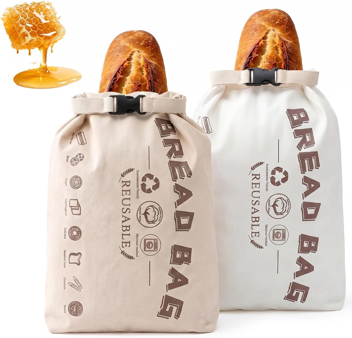 Bijenwas broodzakken set van 2 - 43 x 32 cm - biologisch katoen - brood langer vers houden - ShopVlot