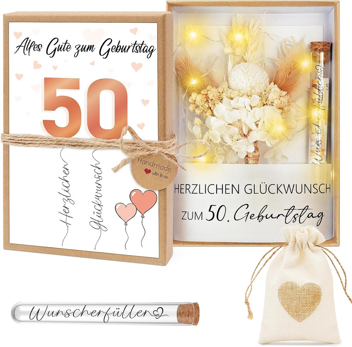 Geldgeschenkverpakking 50e verjaardag - jute zakje met droogbloemen - grappige cadeaus voor vrouwen - ShopVlot