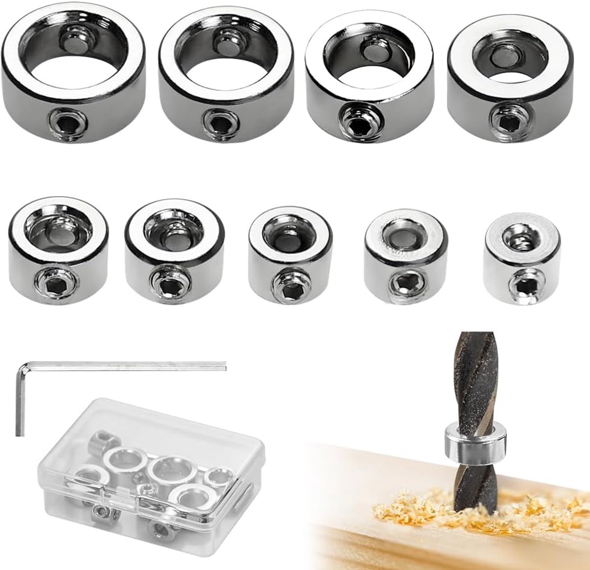 Boorgatdiepte stop 9-delig 3-12mm - Stalen stopring - Precisie positionering - Geschikt voor pininstallatie - ShopVlot