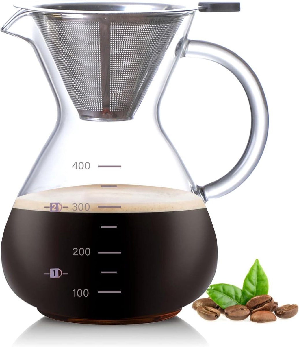 Filterkoffieapparaat - Transparant - 400 ml - Glazen Koffiekan met Roestvrijstalen Filter - Voor Thuis en Horeca