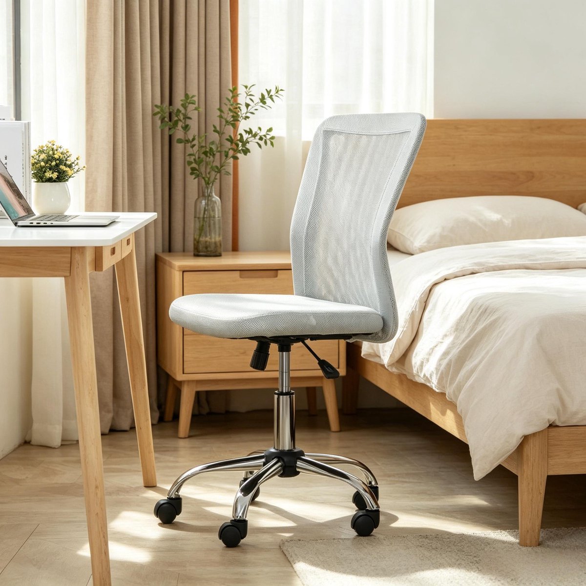 OKWISH Bureaustoel – Verstelbare Zithoogte 42 tot 52 Cm – 360 Graden Draaibaar Met Wielen – Voor Thuiswerk En Kantoor – Mesh – Grijs