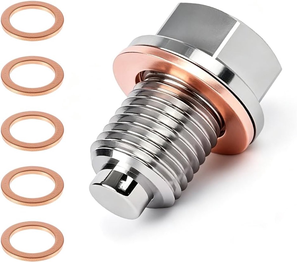Oliedrainplug M14x1.5 - Magnetisch RVS - 5 stuks koperafdichtingen - Voor auto's en motoren - ShopVlot