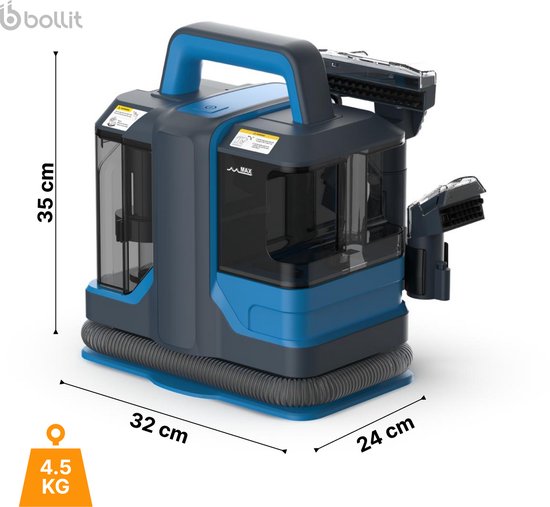 Compacte blauwe en grijze tapijtreiniger met afmetingen van 35x32x24 cm en een gewicht van 4,5 kg.
