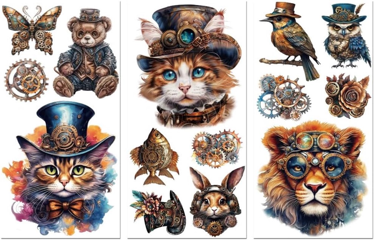 Rub on transfer stickers 6"x12" - steampunk en dieren - waterproof - voor meubels en decoratie - ShopVlot