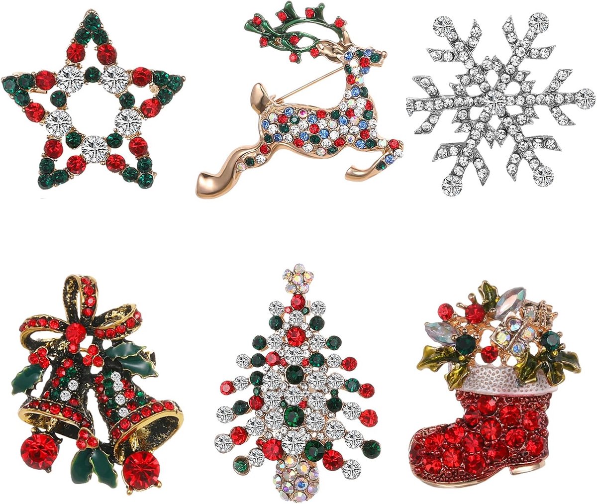 Kerstspeldjes set 6 stuks - rhinestone - kerstboom, rendier, sneeuwvlok, ster - stralende feestaccessoires - ShopVlot