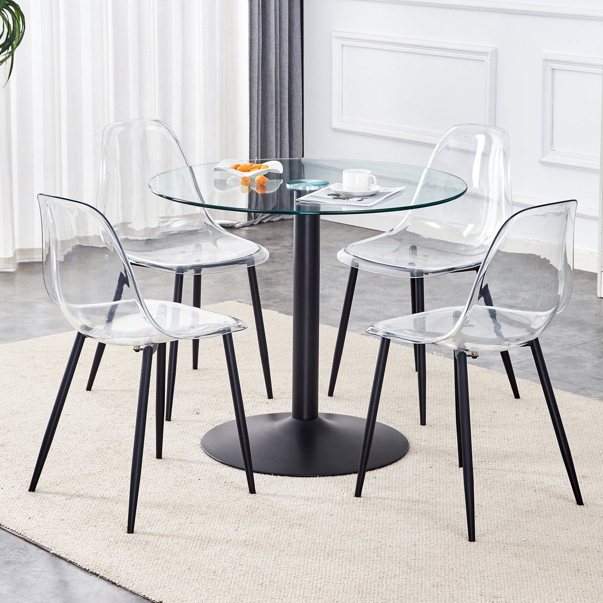 COVREO Eettafelset rond 85 cm, zwart transparant, glas metaal, 4 stoelen