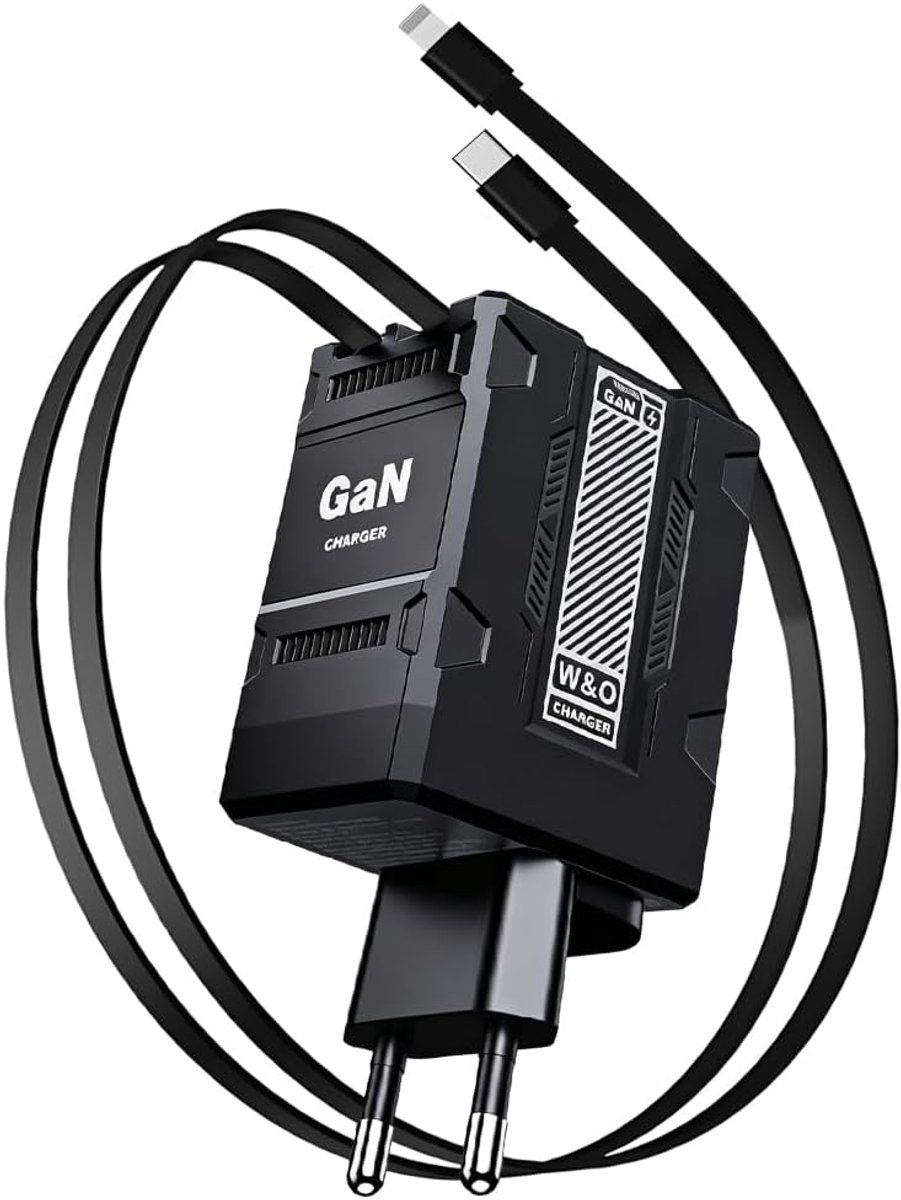 Oplader 120 W - 2-in-1 met Uittrekbare Kabel Type C en Type L - Compacte Snellader voor Android en iOS - ShopVlot