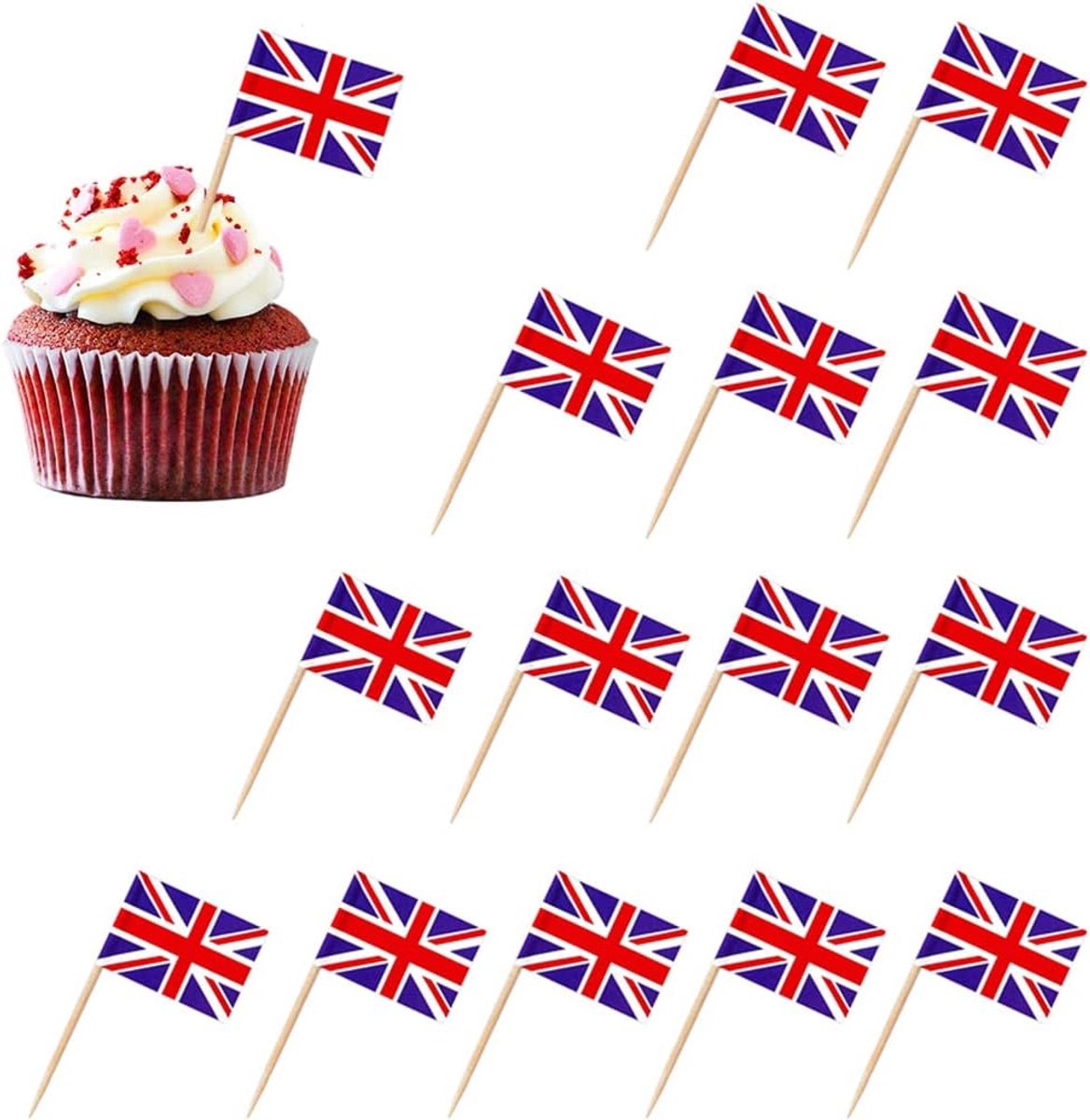 Cake decoraties Union Jack 100 stuks - vlaggen cupcake toppers - jubileum decoratie - feestelijke traktaties - ShopVlot