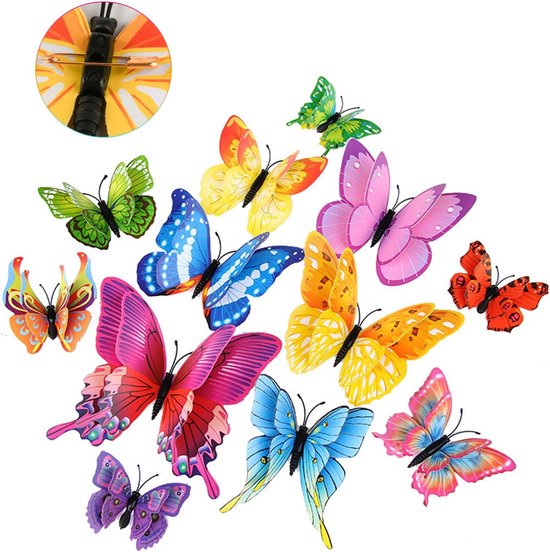 Boterfly decoratie 3D vleugels - 24 stuks gemengd - PVC en metalen speld - sfeervolle decoratie voor binnen en buiten - ShopVlot