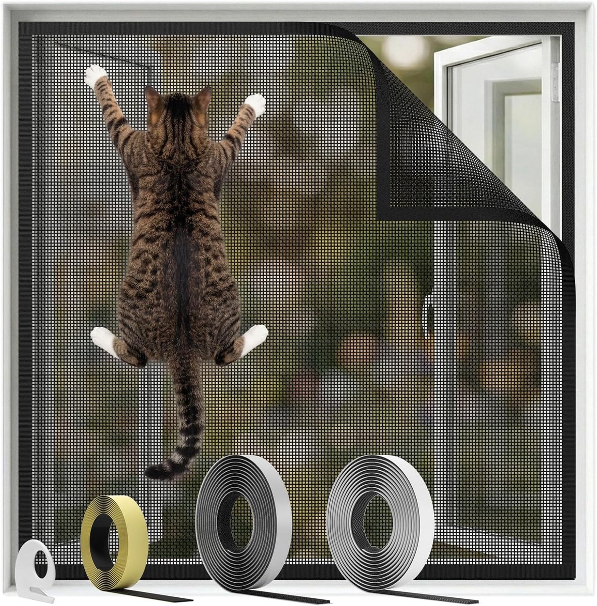 Vliegenhor voor ramen 100 x 130 cm - krasbestendig polyester - zonder boren - ideale kattenbescherming - ShopVlot
