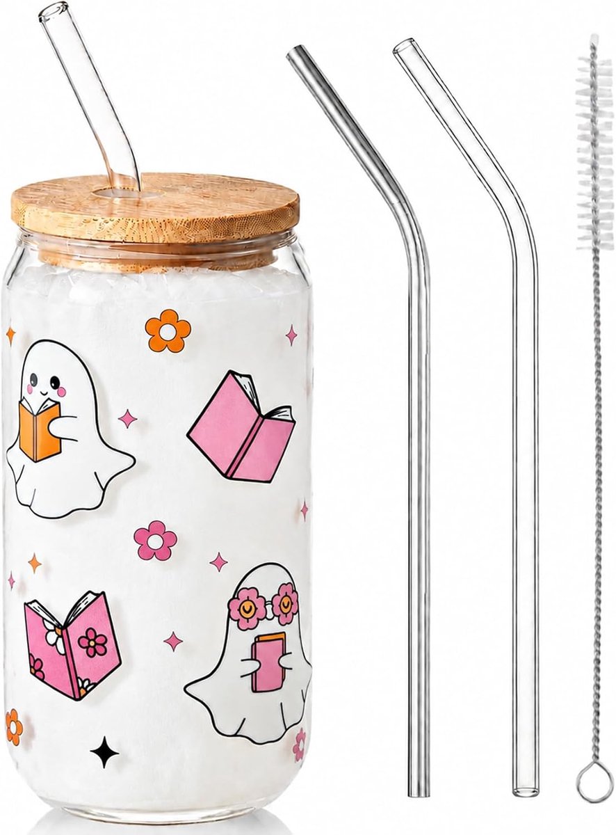 Halloween beker 16 oz - glas met deksel - spook bloemen ontwerp - voor matcha en ijskoffie - ShopVlot