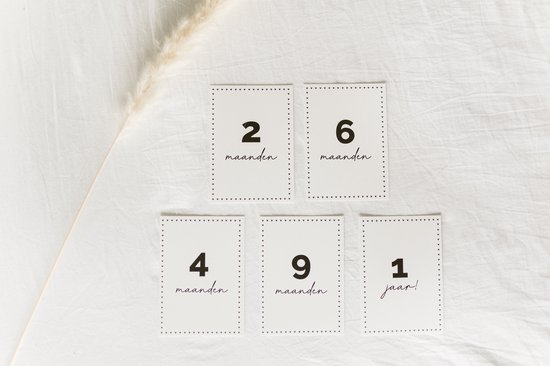 Baby mijlpaalkaarten met getallen en de tekst '2 maanden', '6 maanden', '4 maanden', '9 maanden', '1 jaar'.