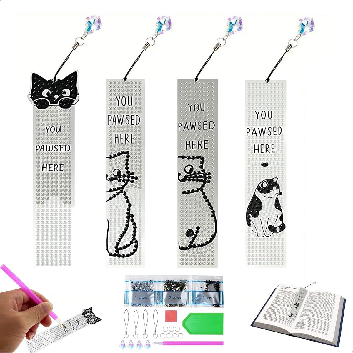 Boekmerken met diamantpainting - 4 stuks - kattenontwerp - creatief DIY voor volwassenen - ShopVlot