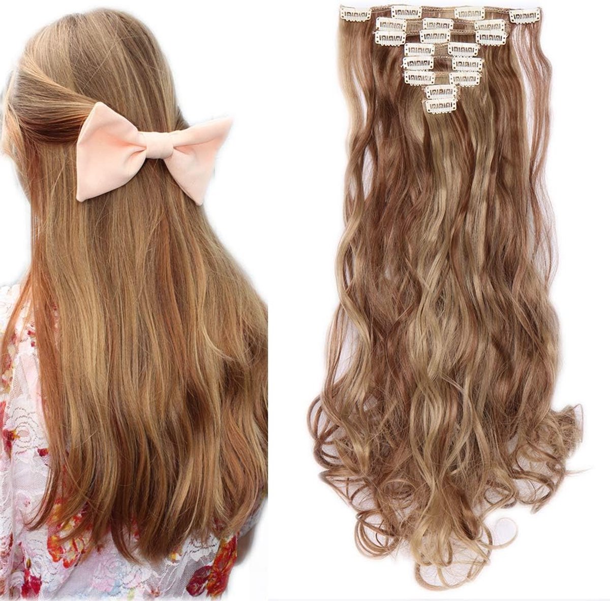 Clip in extensions 24" - wavy lichtbruin en asblond - 8 tresses - natuurlijk ogend haarstuk - ShopVlot