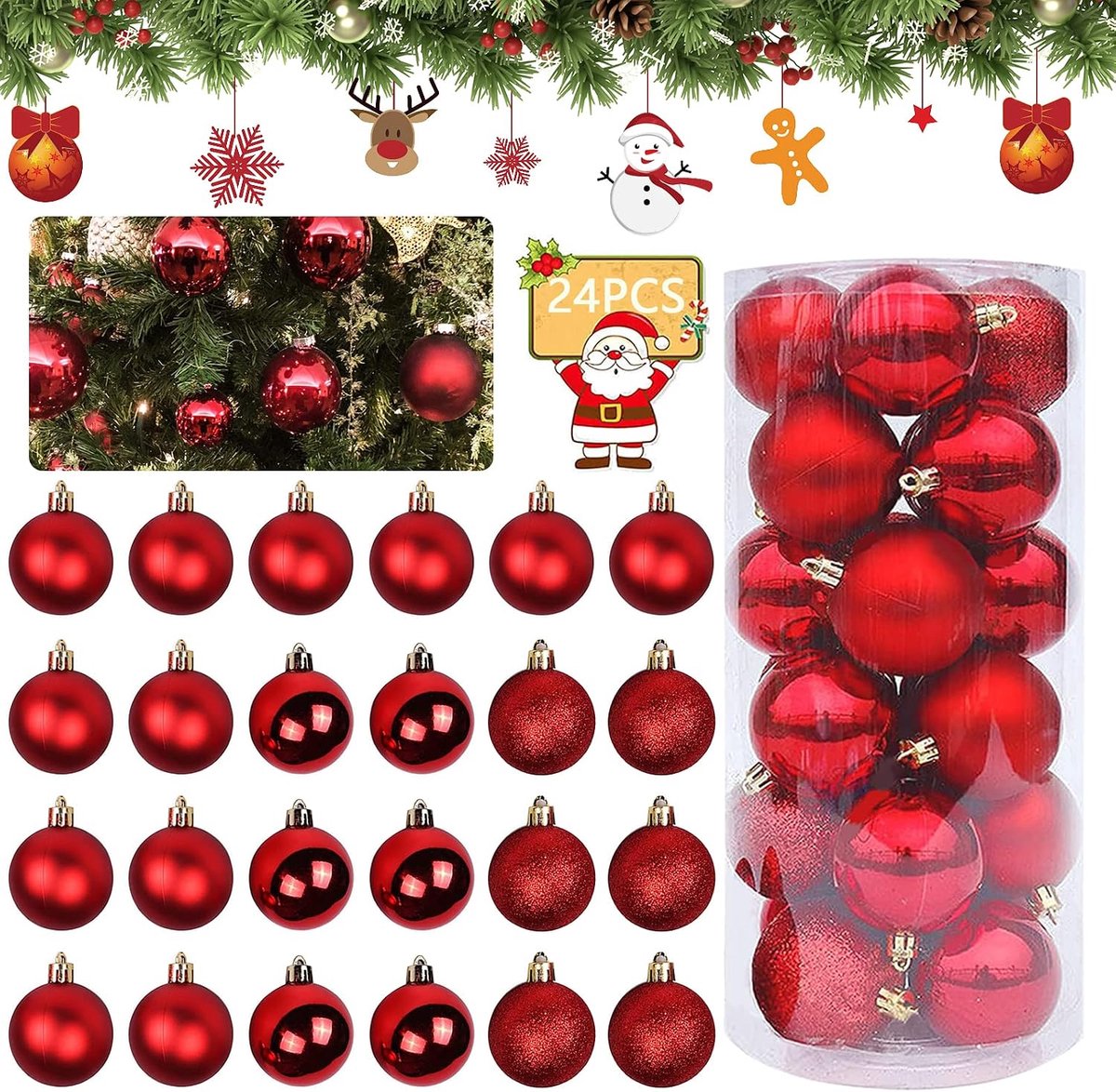 Kerstboomdecoratie 24 stuks - 4 cm - hartballen en glitters - feestelijke versiering - ShopVlot