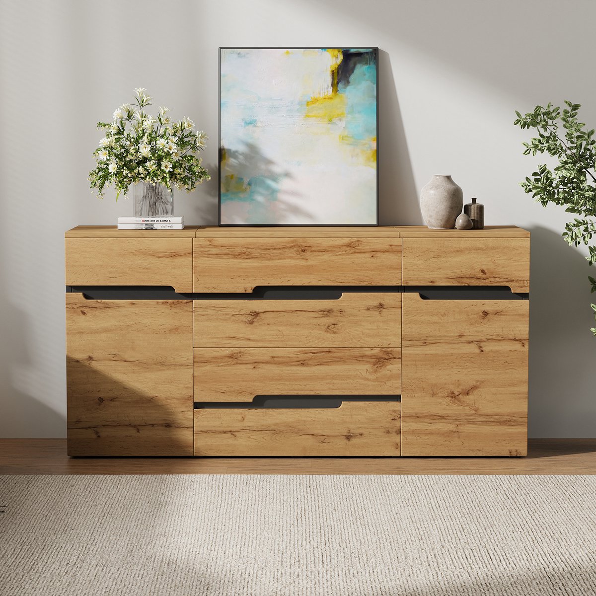 DESMIU Dressoir Modern Met 2 Deuren En 4 Laden Voor Woonkamer En Eetkamer Van Spaanplaat 160x40x80 Cm Houtkleur En Zwart