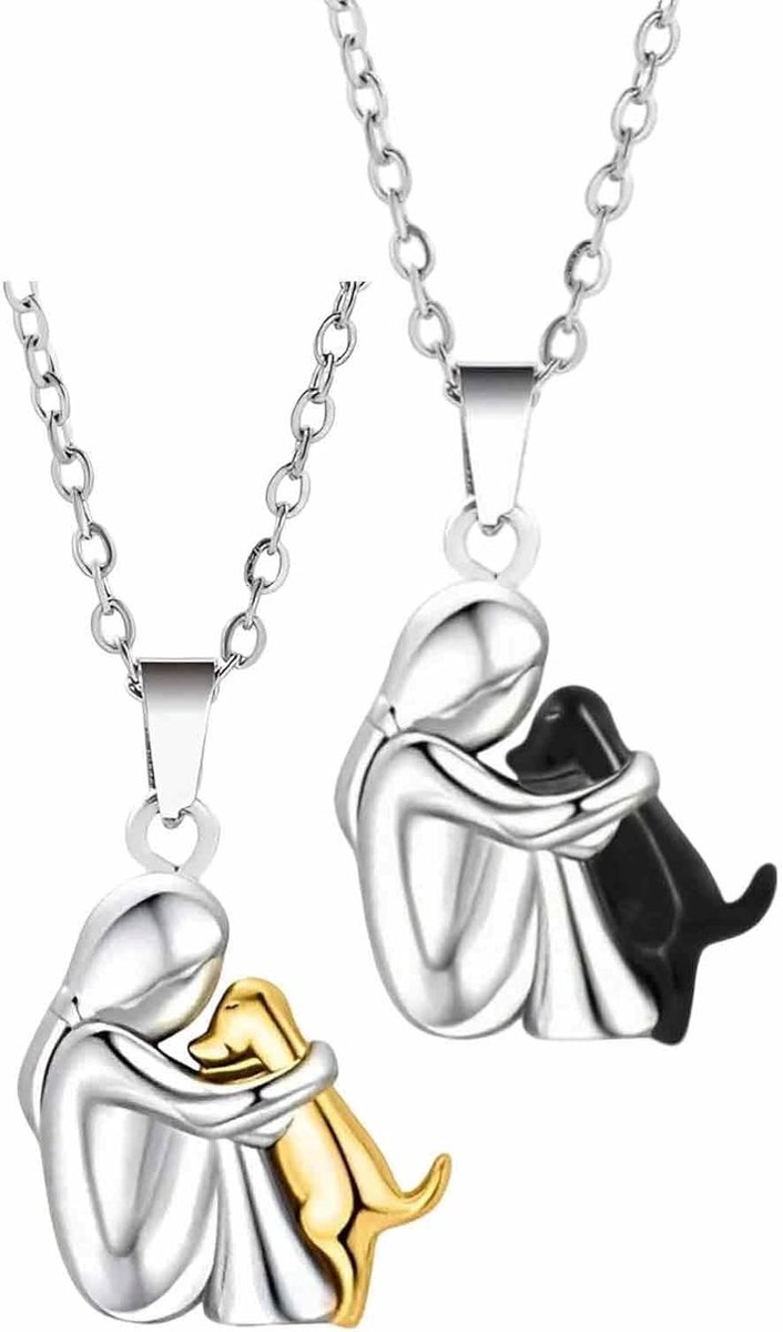 Halsketting voor honden met pluche hond pendant - 2-delige set, 45 cm, zwart-goud, cadeau voor hondenliefhebbers, vriendschap en liefde