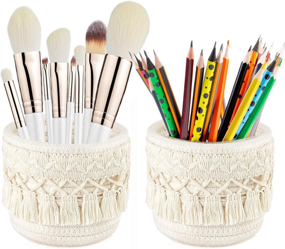 Makeup kwastenhouder set van 2 - mini gevlochten mand - boho stijl - ideaal voor kwasten en accessoires - ShopVlot