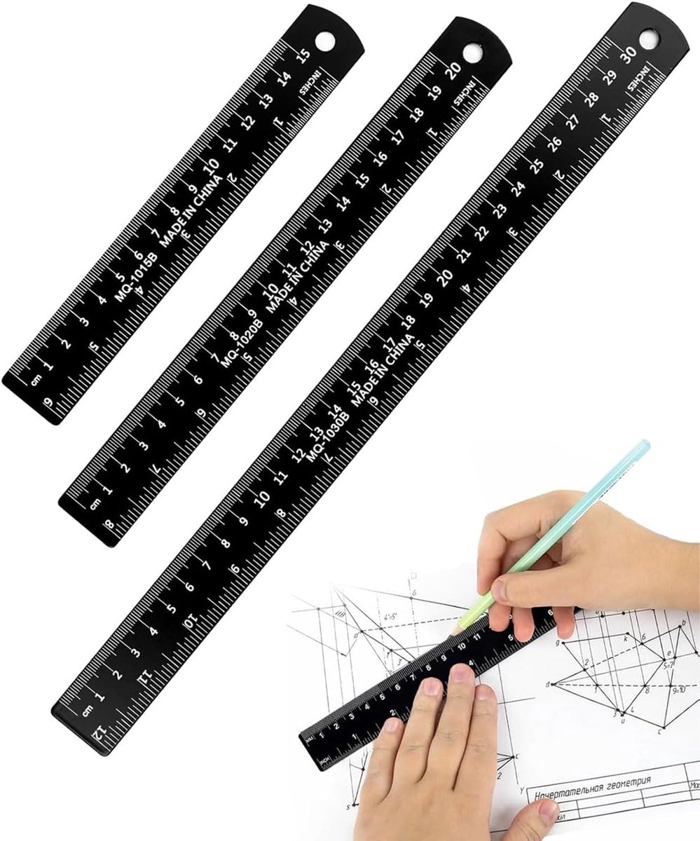 DAFNE Linear Metal 30cm 20cm 15cm Stahllineal, Metalllineal Doppelseitenskala Stahlmaßstab 3er Set Kante - ShopVlot