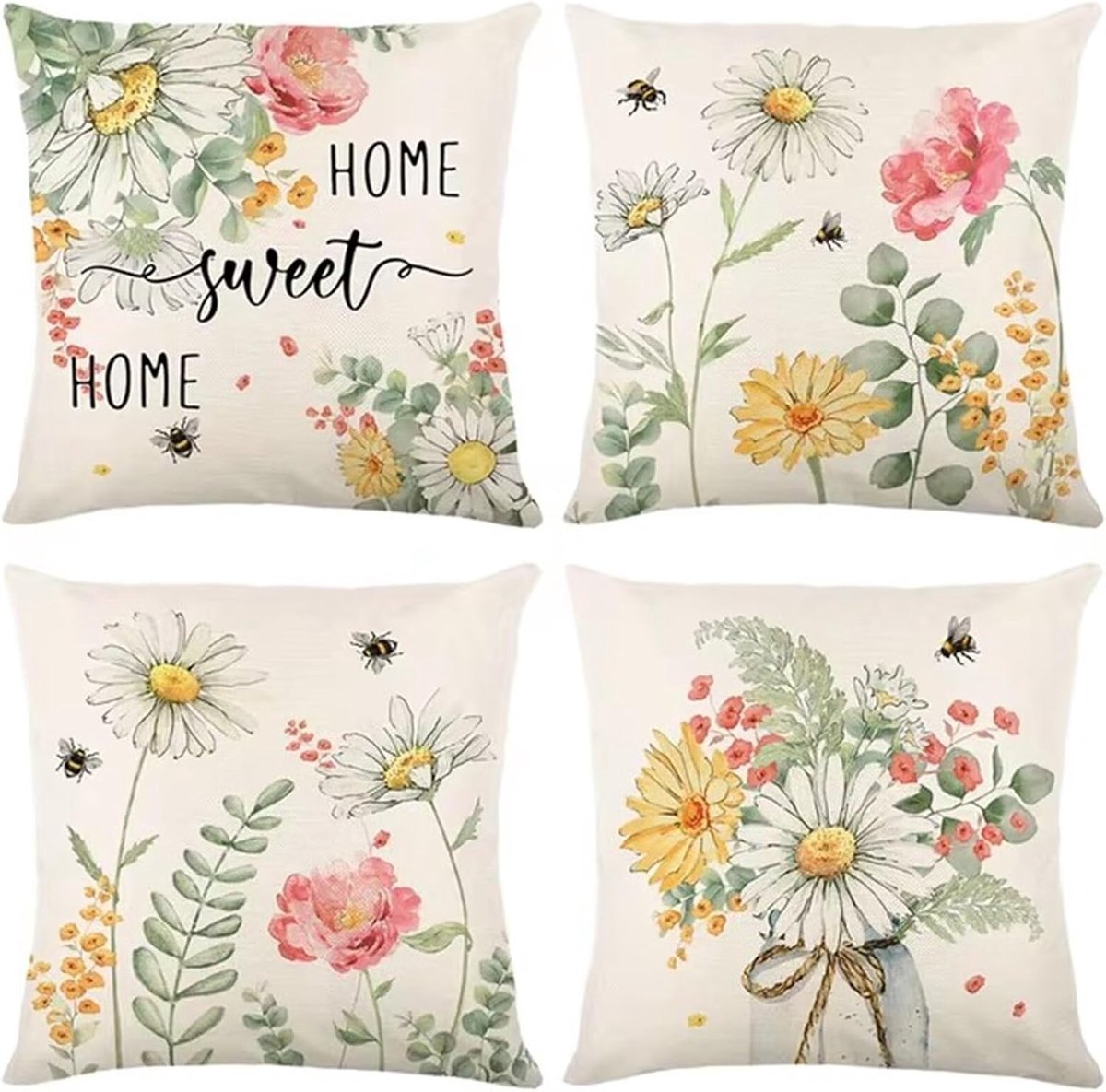 Kussenslopen set van 4 vierkante linnen sierkussenslopen met onzichtbare rits, voor bank, stoel, slaapkamer, moderne - ShopVlot