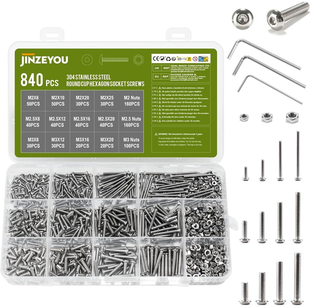 840Pcs M2 M2.5 M3 Screw Set, Round Head Hex Socket Screws Nut Set Lens Head Machine Screws Assortment Stainless Steel - ShopVlot
