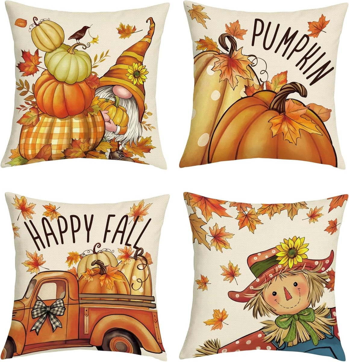 Happy Fall Pumpkin Cushion Covers 45 x 45 Pack of 4 Autumn Gnome Scarecrow Truck Maple Leaves Square Throw Pillow Case - ShopVlot