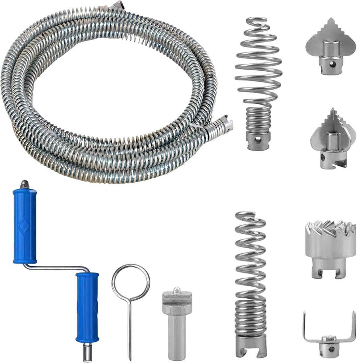 5 m buisreinigingsspiraal, 12 mm diameter, afvoerreinigingsset met 6 snijkoppen, adapters voor handboormachine - ShopVlot