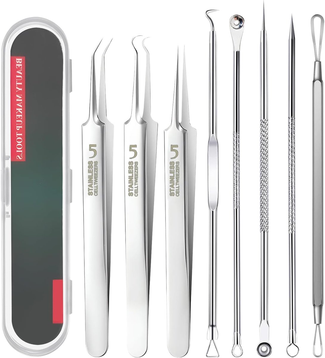 Black Dot Puller, 8 Pieces, Professional Blackhead Tongs Stainless Steel for Removing Knots, Acne, Face Pimples - ShopVlot