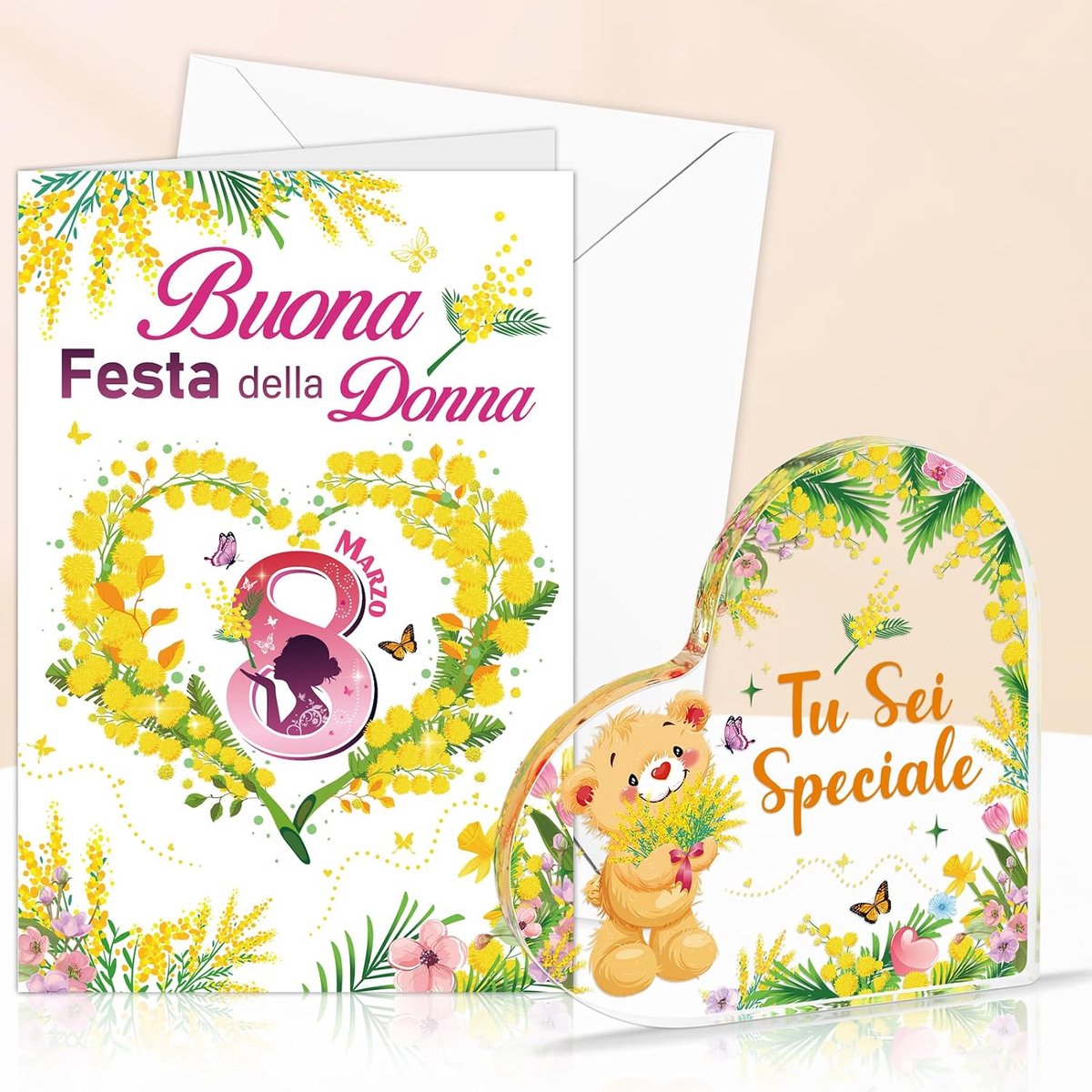 DPKOW Biglietto Targa Acrilico Regali Festa della Donna, Idea Regalo Donna Mimosa 8 Marzo Buona Festa della Donna - ShopVlot
