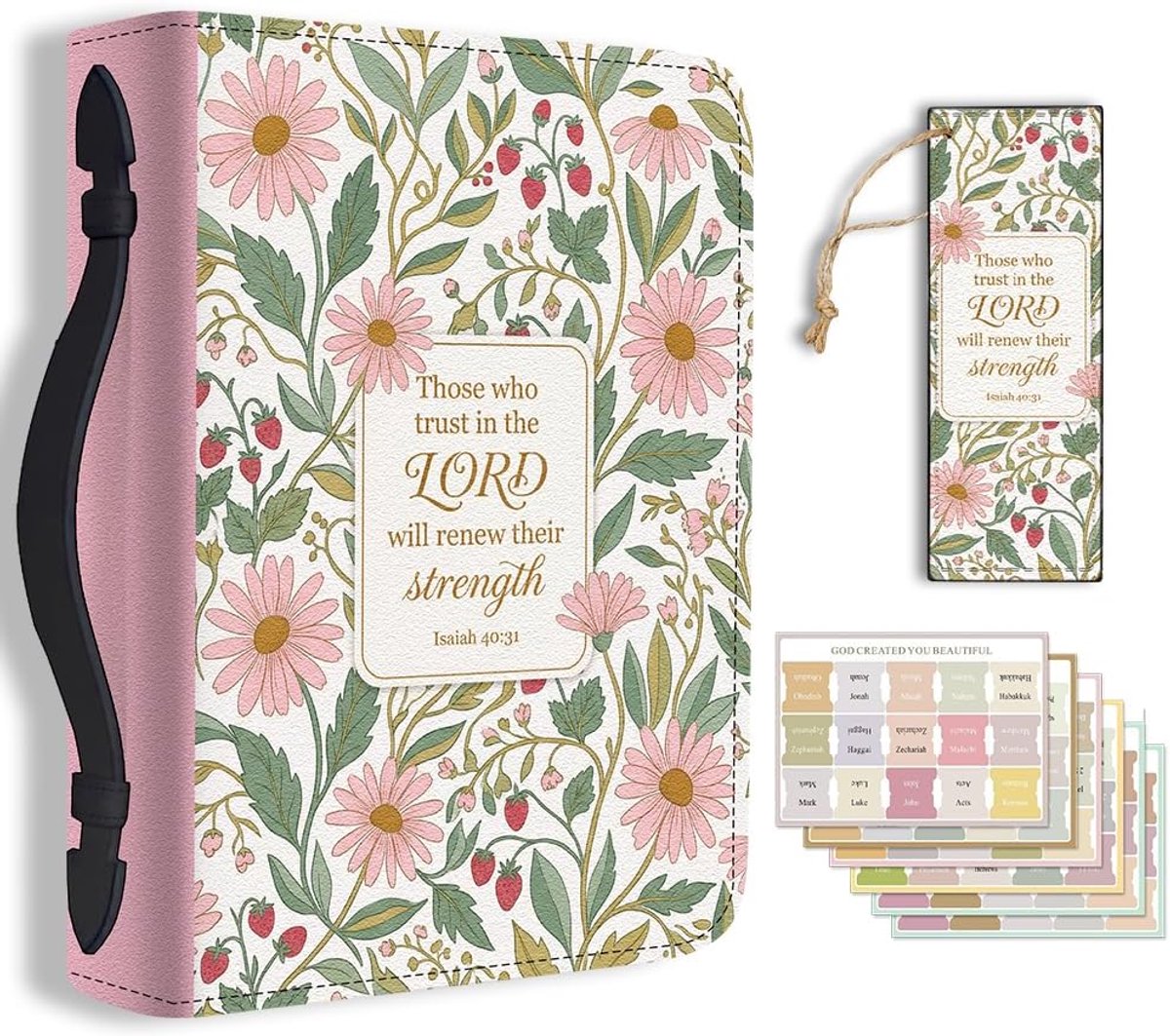 Bijbelhoes Van Kunstleer Met Bladwijzer Roze Madeliefjes Bloemen Ontwerp Bijbeltas Voor Vrouwen Mannen 20 x 28 x 5,8 - ShopVlot
