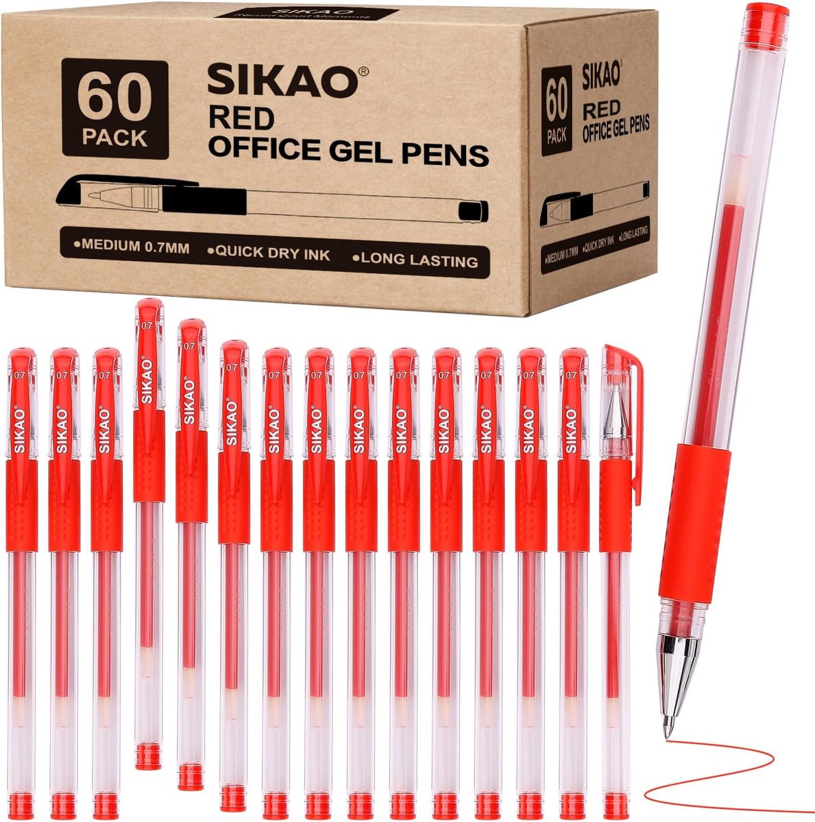 60 Pack Gel Pens Fine Point, Rollerball, Stick Ink, Smooth Writing, Ballpoint Pen, Office Gell 0.7 Lapiceros - Red - ShopVlot