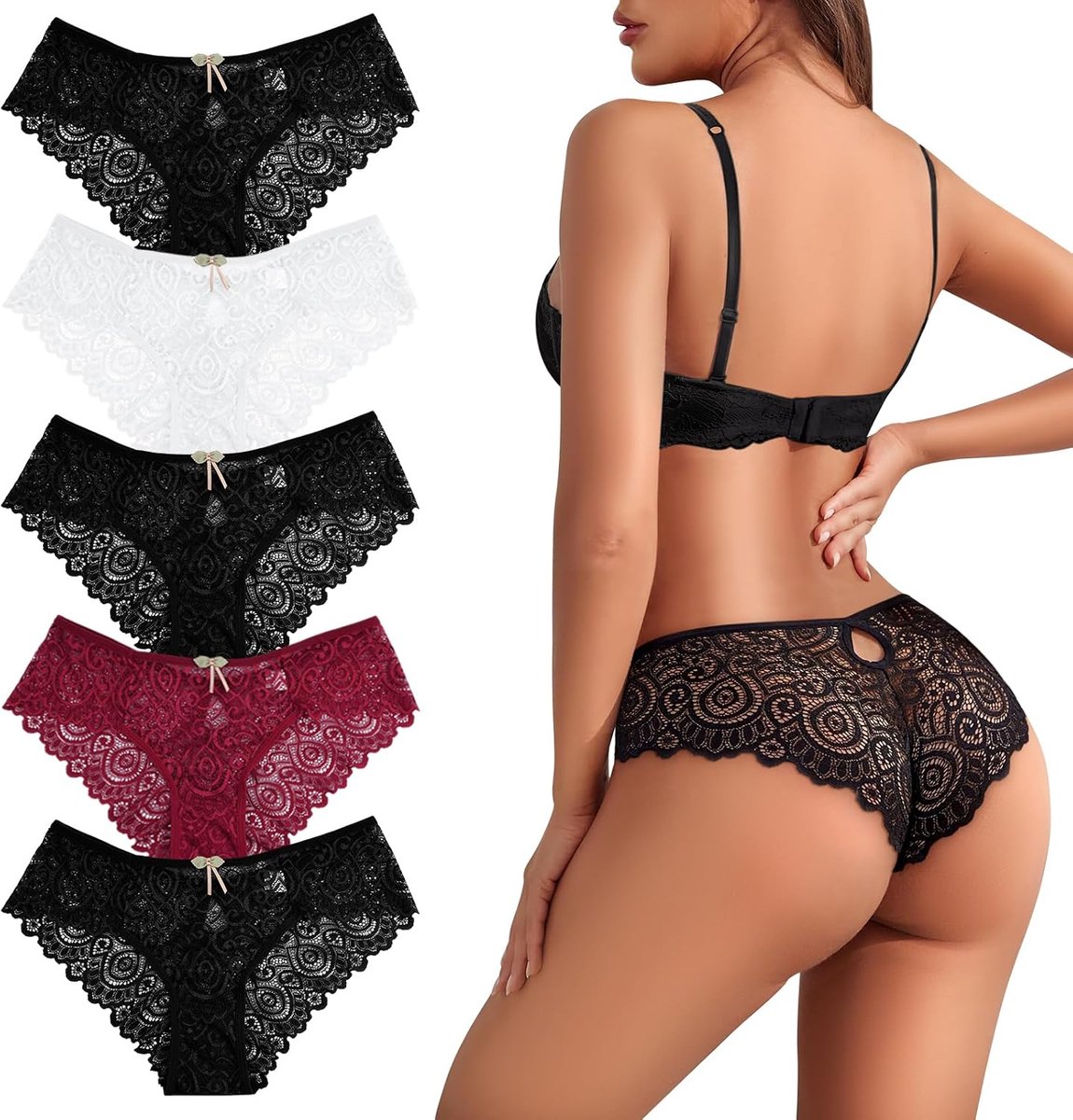 Kanten slipje voor dames, sexy tanga's voor dames, kant, zacht en elastisch, comfortabel en ademend, 5 stuks - ShopVlot