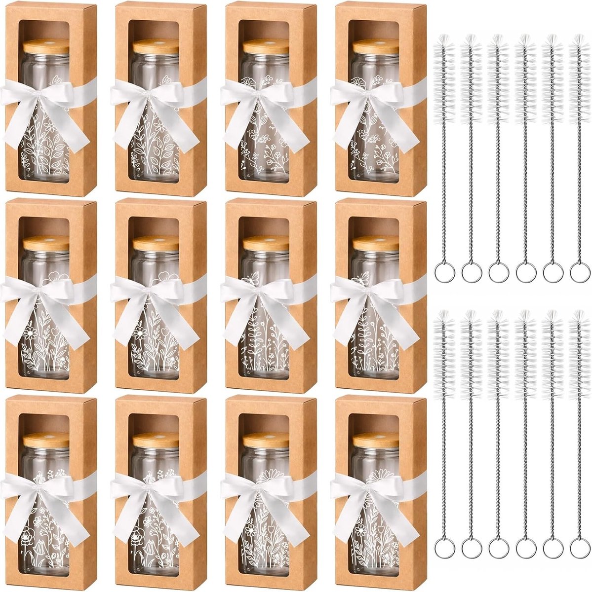 Set van 12 herbruikbare glazen met deksel en rietjes voor ijskoffie, ijsthee en sap, ideaal voor feestjes en dagelijks gebruik