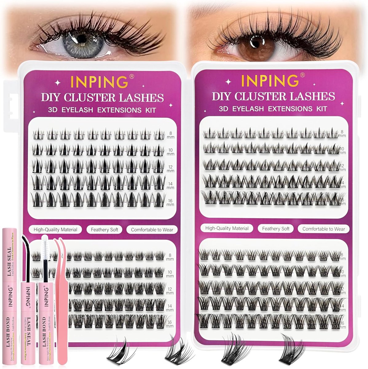 INPING Wispy 4 Styles Fluffy Wispy Eyelash Extensions - 225 pieces, C Curl Cluster Eyelashes, Lash Bond and Seal - ShopVlot